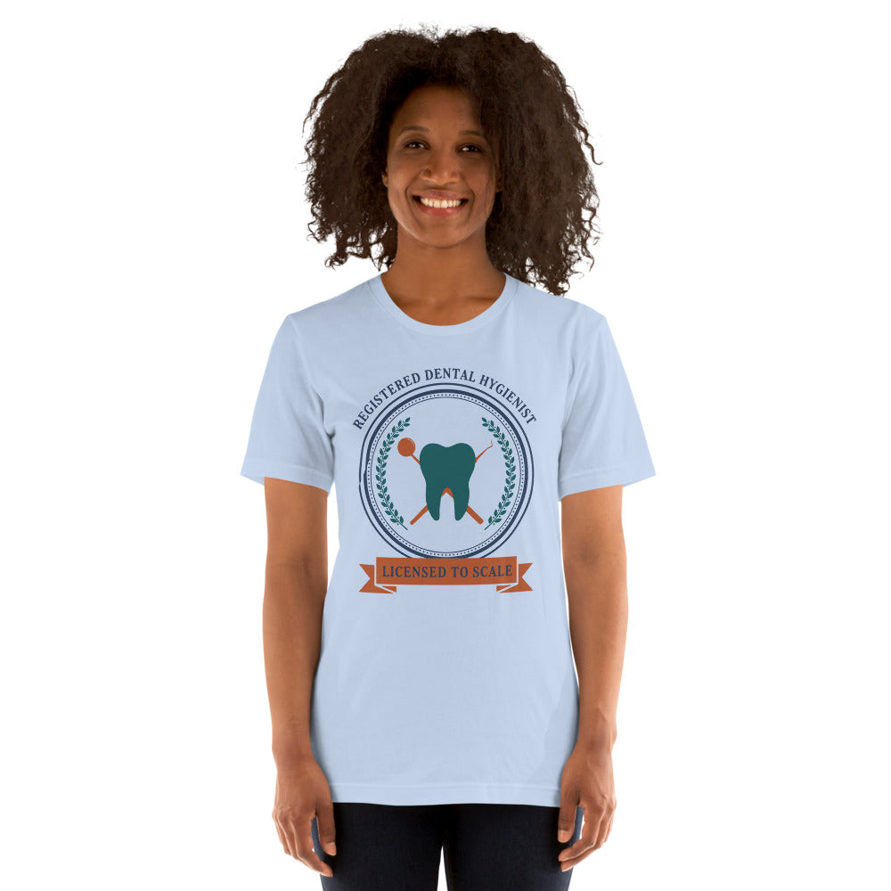 Licensed to Scale registered dental hygienist tee — Baby Blue, on model