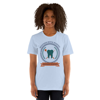 Licensed to Scale registered dental hygienist tee — Baby Blue, on model