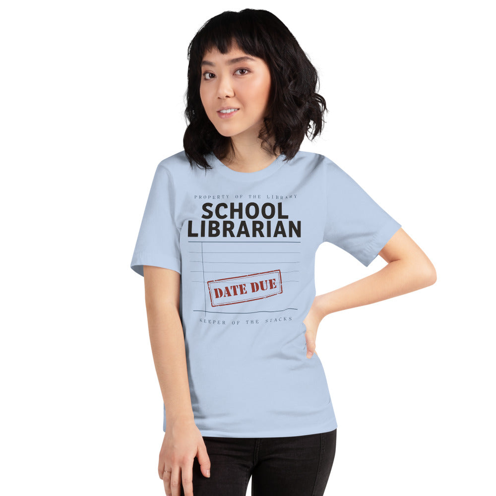 Property of the School Library card catalog school librarian tee — Baby Blue, on model