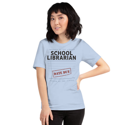 Property of the School Library card catalog school librarian tee — Baby Blue, on model
