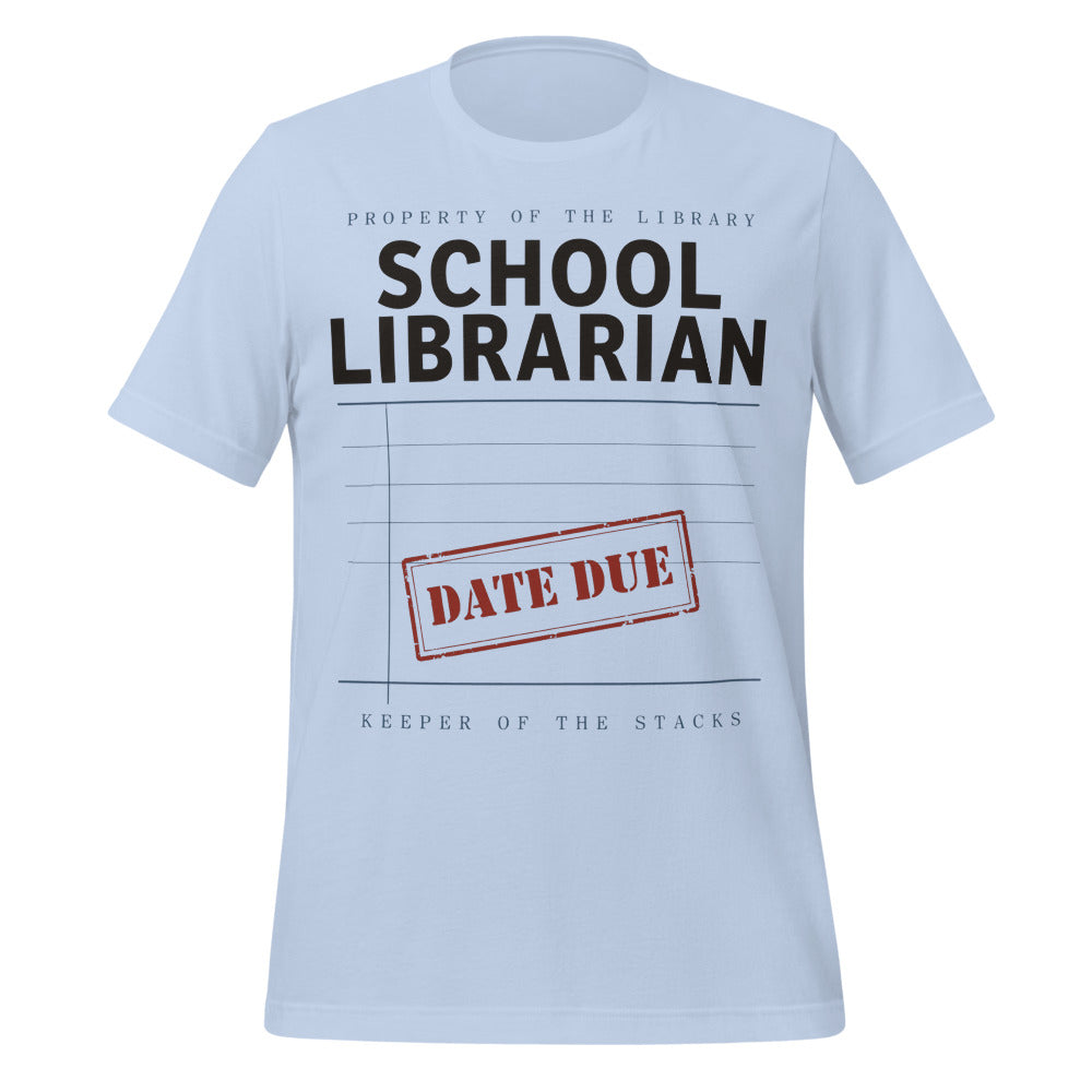 Property of the School Library card catalog school librarian tee — Baby Blue, front