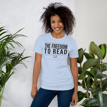 The Freedom to Read school librarian tee — Baby Blue, on model