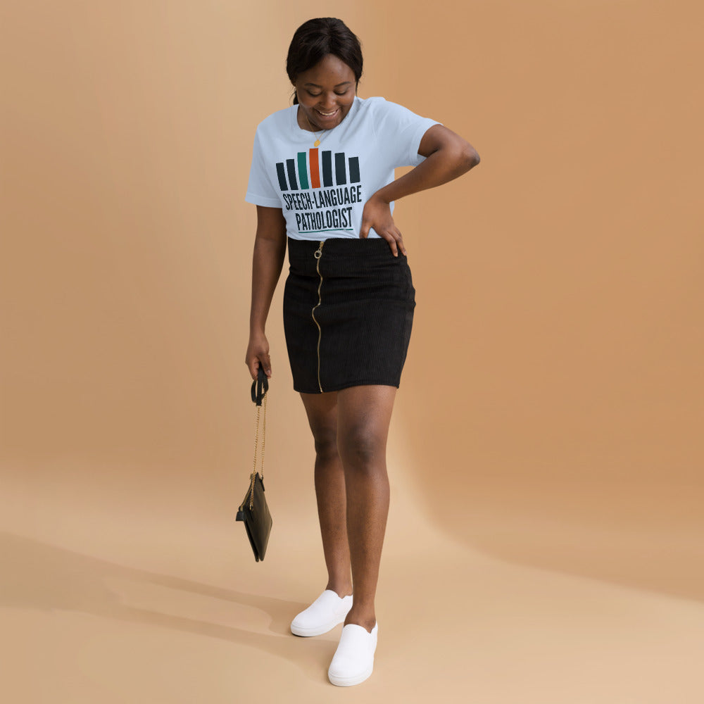 Mid-Century Clinic speech therapy tee — Baby Blue, on model