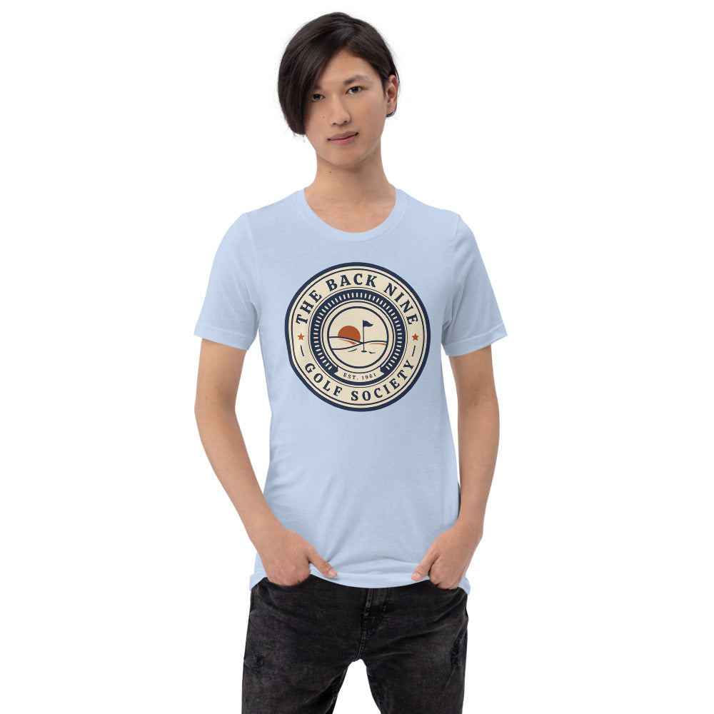 The Back Nine vintage golf roundel tee — Baby Blue, on model