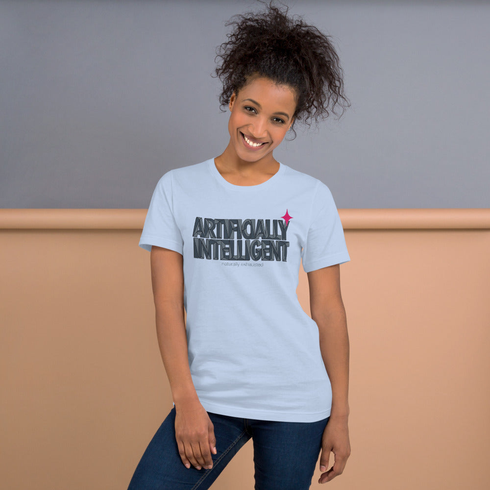 Artificially Intelligent funny AI t-shirt — Baby Blue, on model