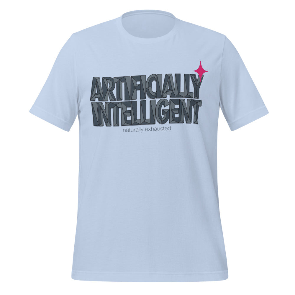 Artificially Intelligent funny AI t-shirt — Baby Blue, front