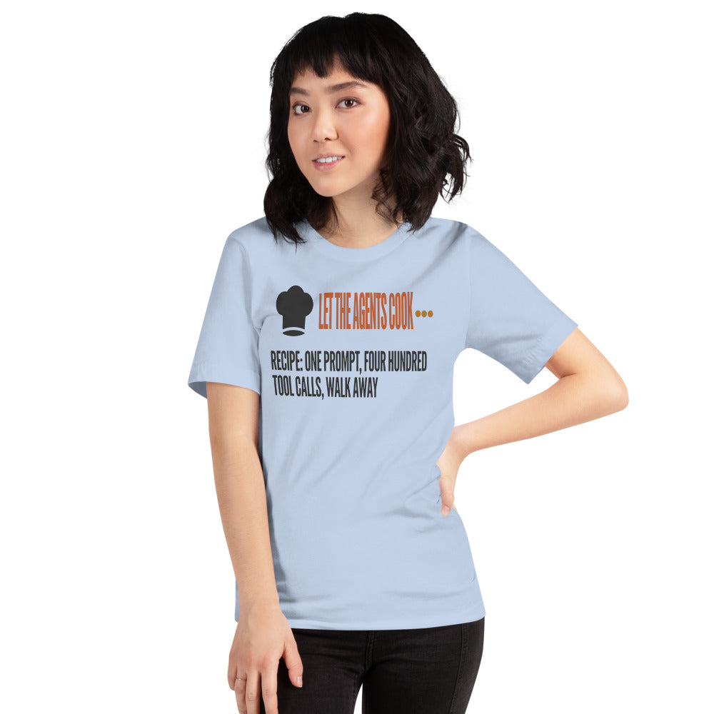 Let The Agents Cook tee — Baby Blue, on model