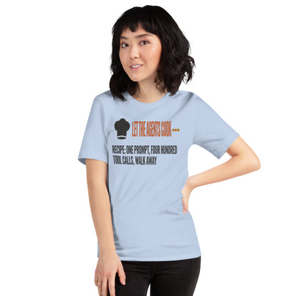 Let The Agents Cook tee — Baby Blue, on model
