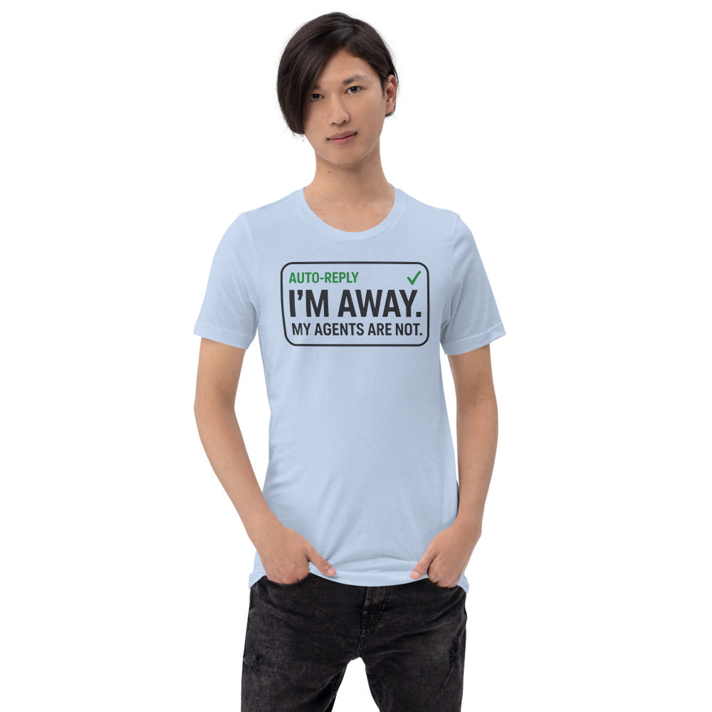 Auto-Reply agentic AI engineer tee — Baby Blue, on model