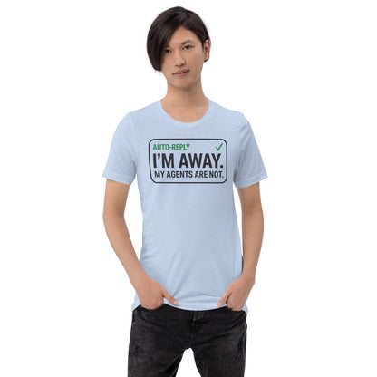 Auto-Reply agentic AI engineer tee — Baby Blue, on model