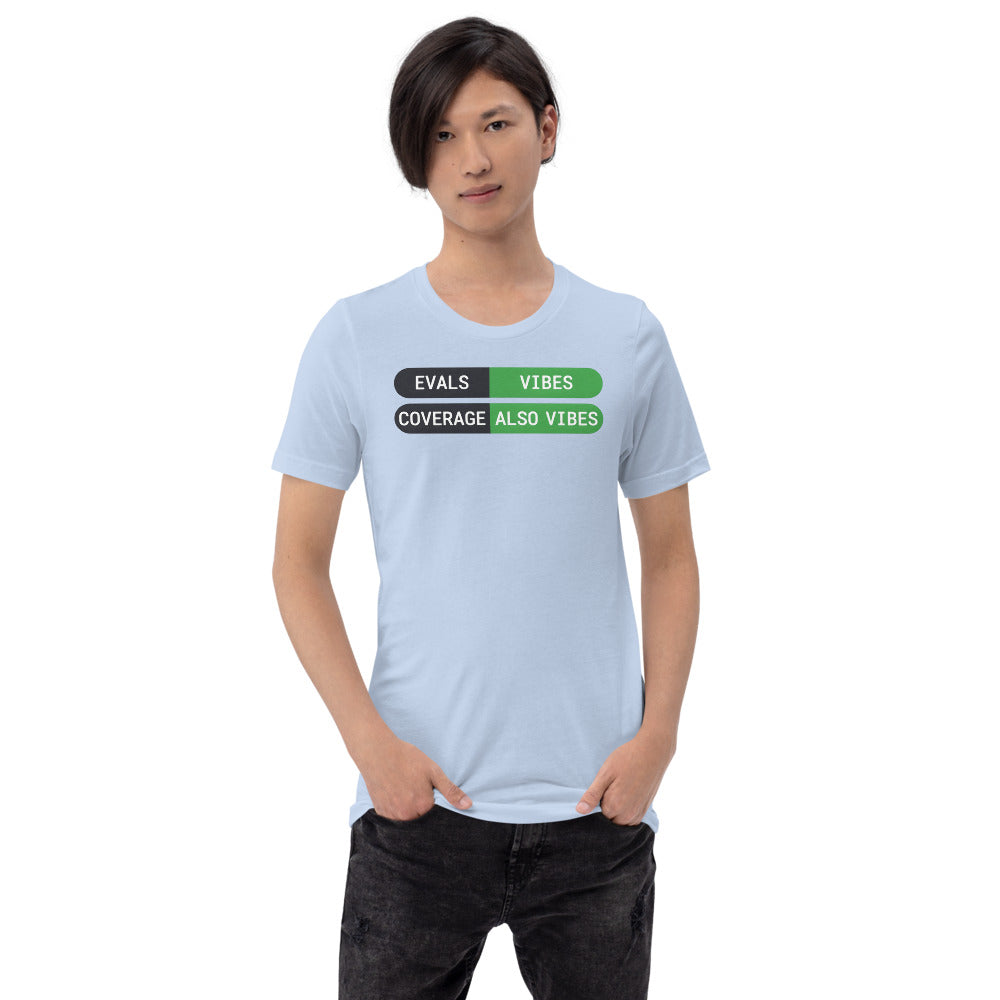 Eval Suite Vibes agentic AI engineer tee — Baby Blue, on model