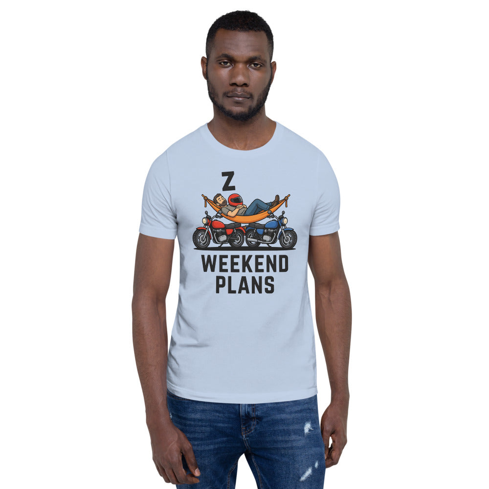 Weekend Plans funny motorcycle dad tee — Baby Blue, on model