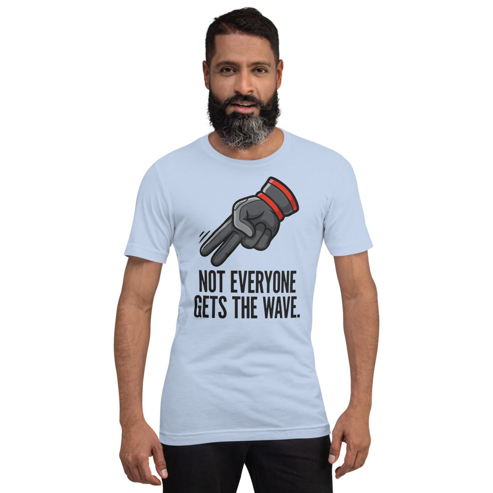 Not Everyone Gets The Wave biker wave motorcycle tee — Baby Blue, on model