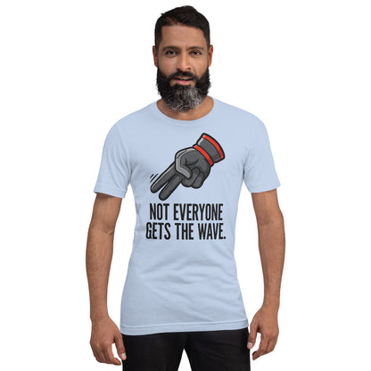 Not Everyone Gets The Wave biker wave motorcycle tee — Baby Blue, on model
