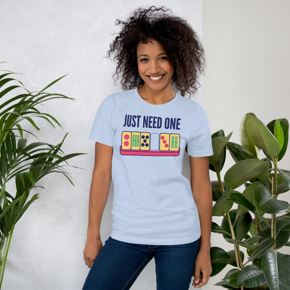 Just Need One funny mahjong tee — Baby Blue, on model