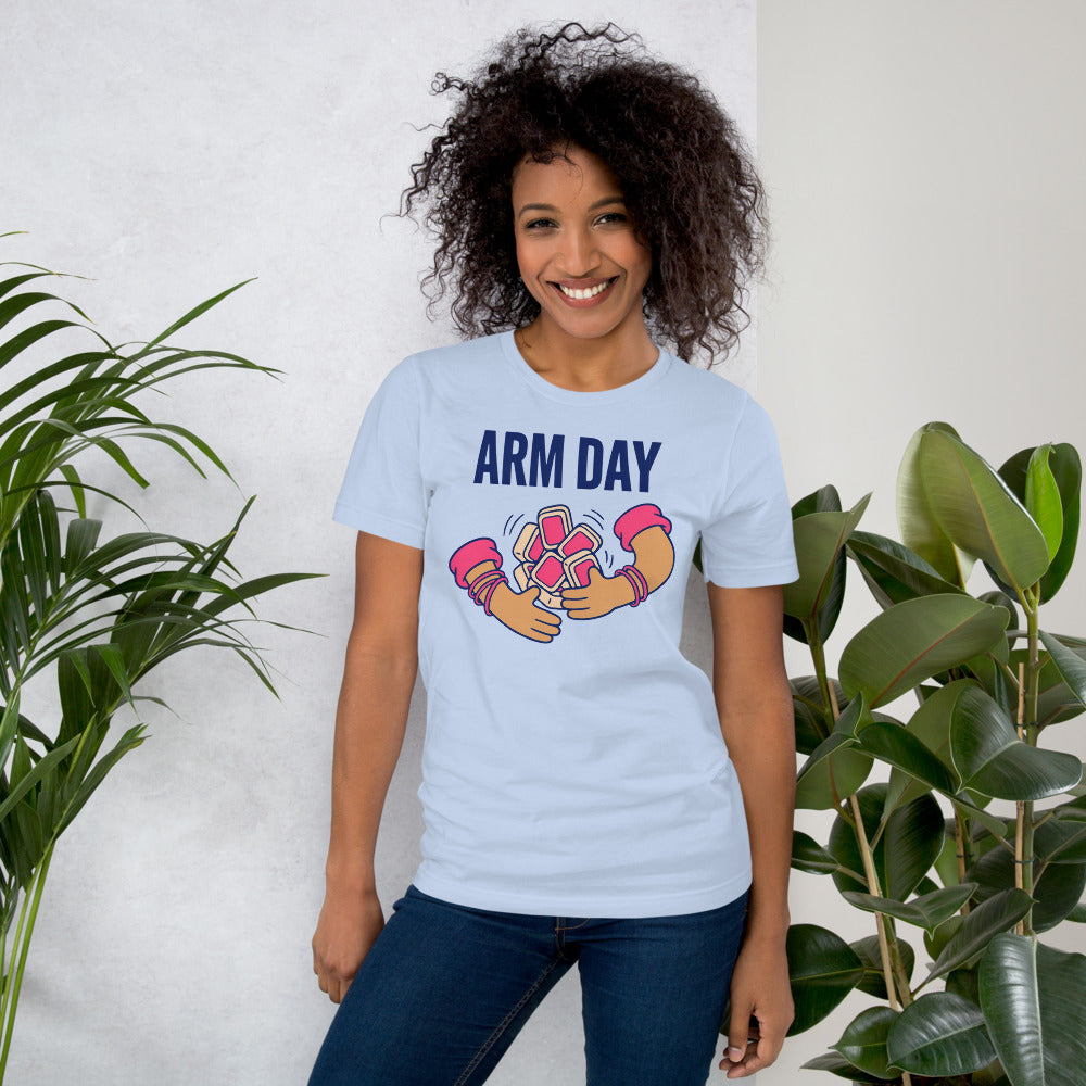 Arm Day funny mahjong tee — Baby Blue, on model