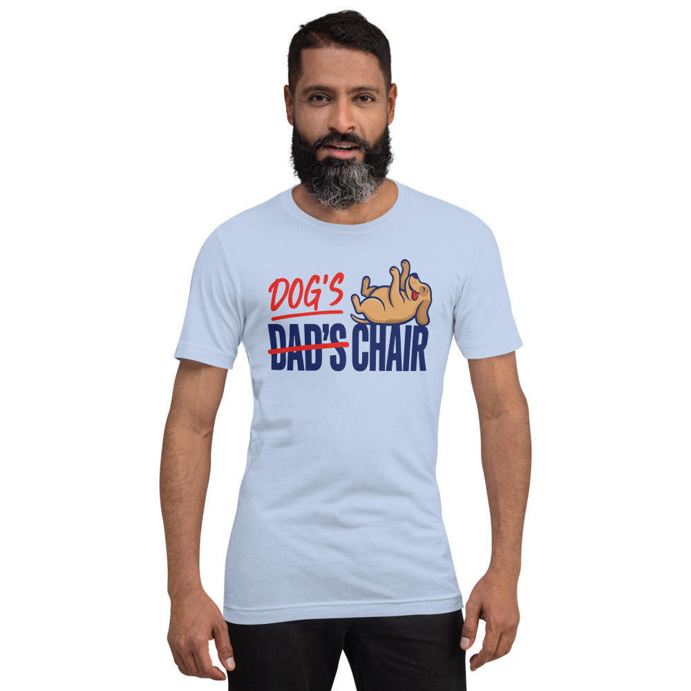 Dog's Chair funny dog dad tee — Baby Blue, on model
