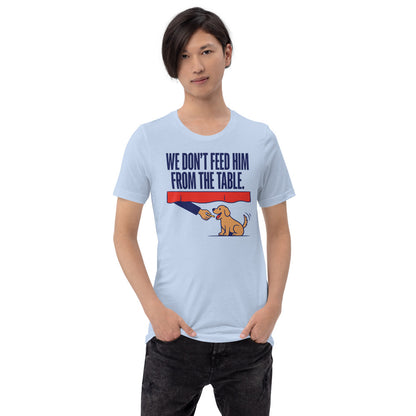 From The Table funny dog dad tee — Baby Blue, on model