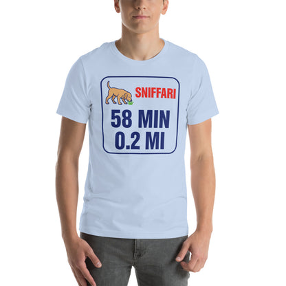 Sniff Walk Recap funny dog dad tee — Baby Blue, on model