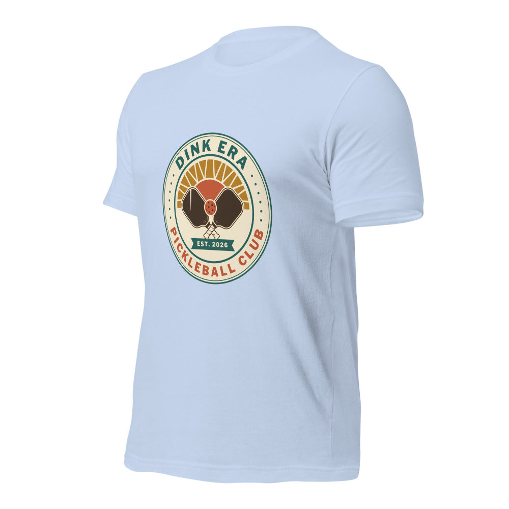 Dink Era Pickleball Club retro tee — Baby Blue, front-right