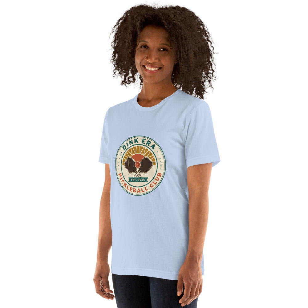 Dink Era Pickleball Club retro tee — Baby Blue, on model