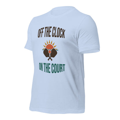 Off The Clock On The Court retro pickleball tee — Baby Blue, side