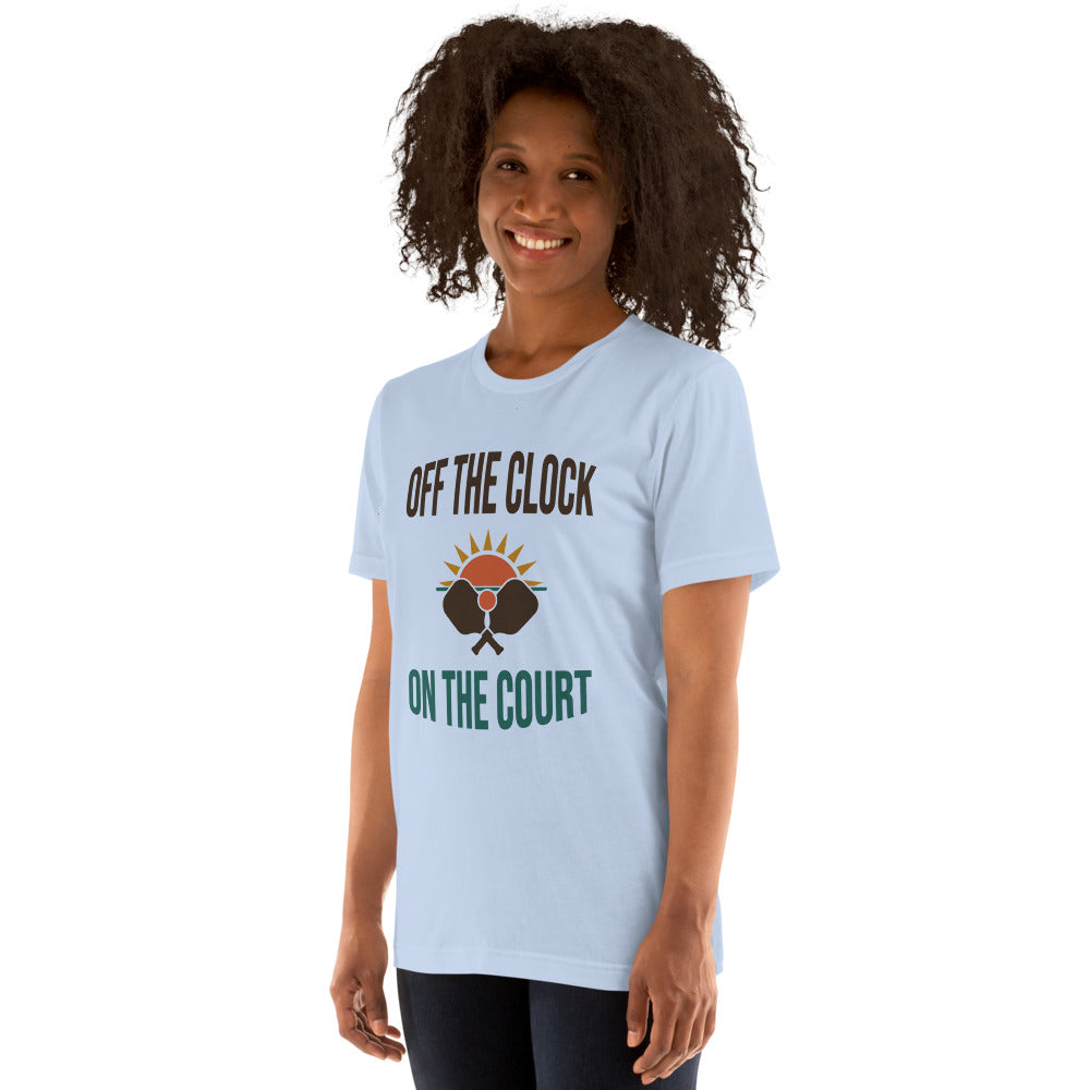 model wearing Off The Clock On The Court retro pickleball tee — Baby Blue