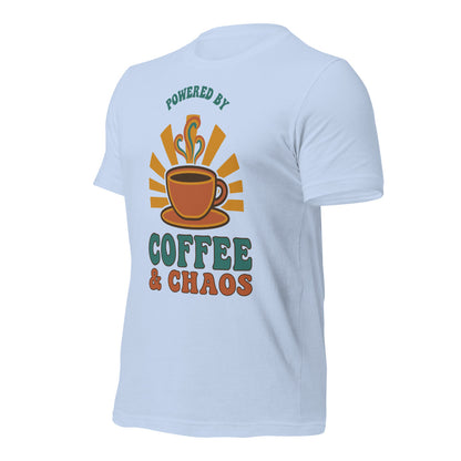 Powered By Coffee And Chaos retro groovy teacher tee — Baby Blue, front right angle