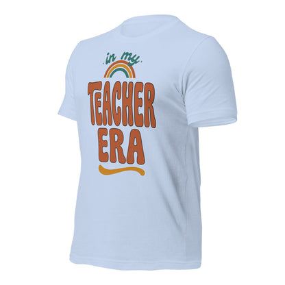 In My Teacher Era retro groovy teacher tee — Baby Blue, front right
