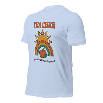 Teacher Where The Magic Happens retro groovy teacher tee — Baby Blue, front angle