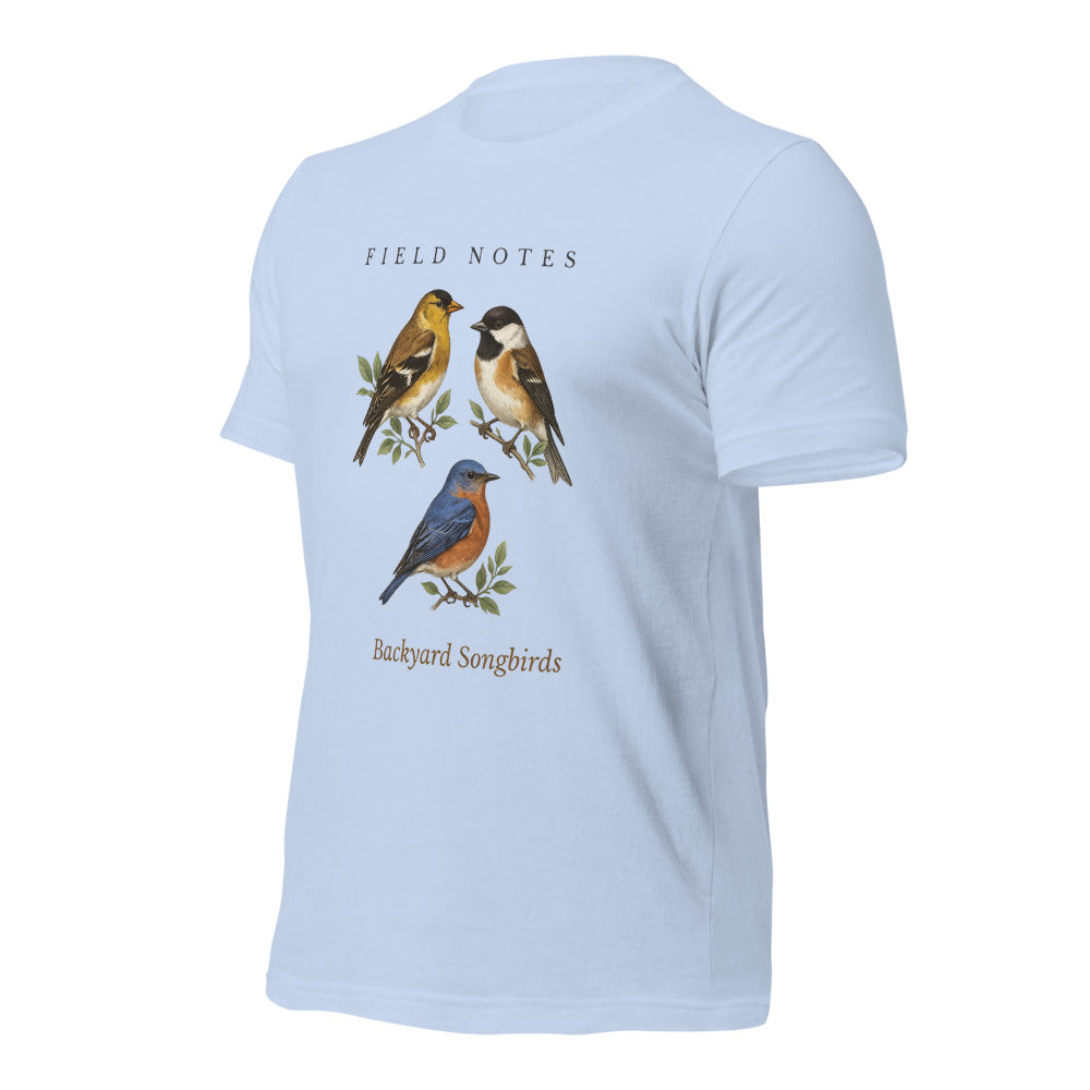 Backyard Songbirds vintage field-guide tee — Baby Blue, front-right