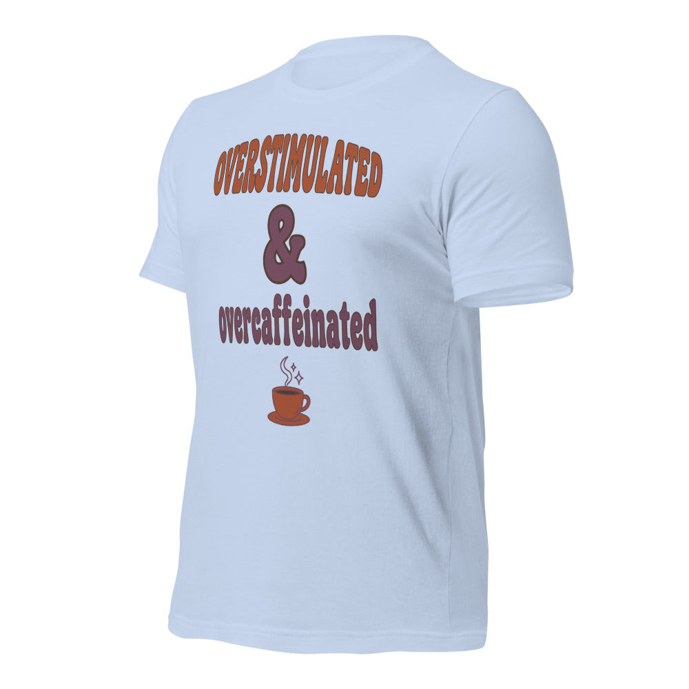 Overstimulated & Overcaffeinated soft retro coffee mental health tee — Baby Blue, front-right