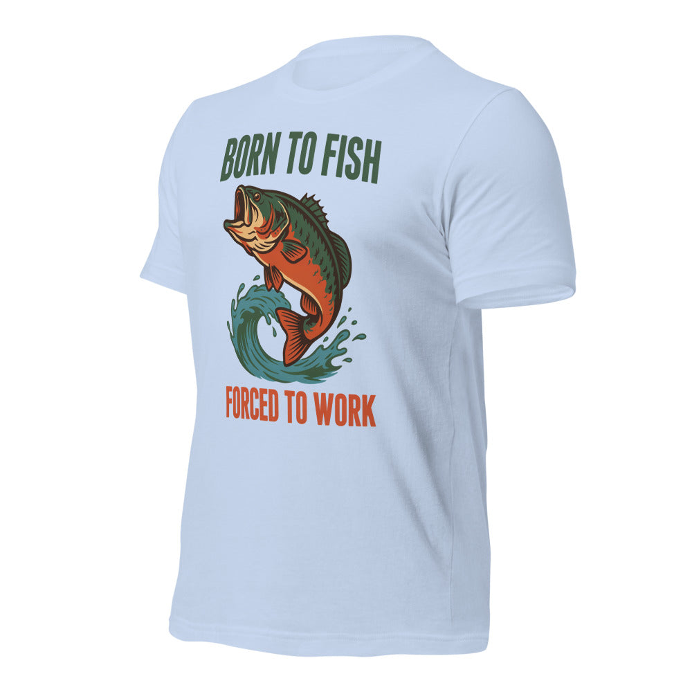 Born to Fish Forced to Work retro fishing humor tee — Baby Blue, front-right
