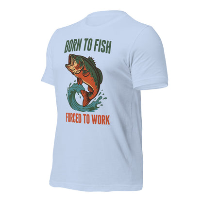Born to Fish Forced to Work retro fishing humor tee — Baby Blue, front-right
