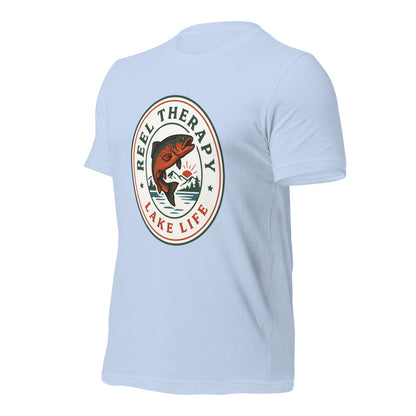 Reel Therapy retro national-park trout badge fishing tee — Baby Blue, front-right