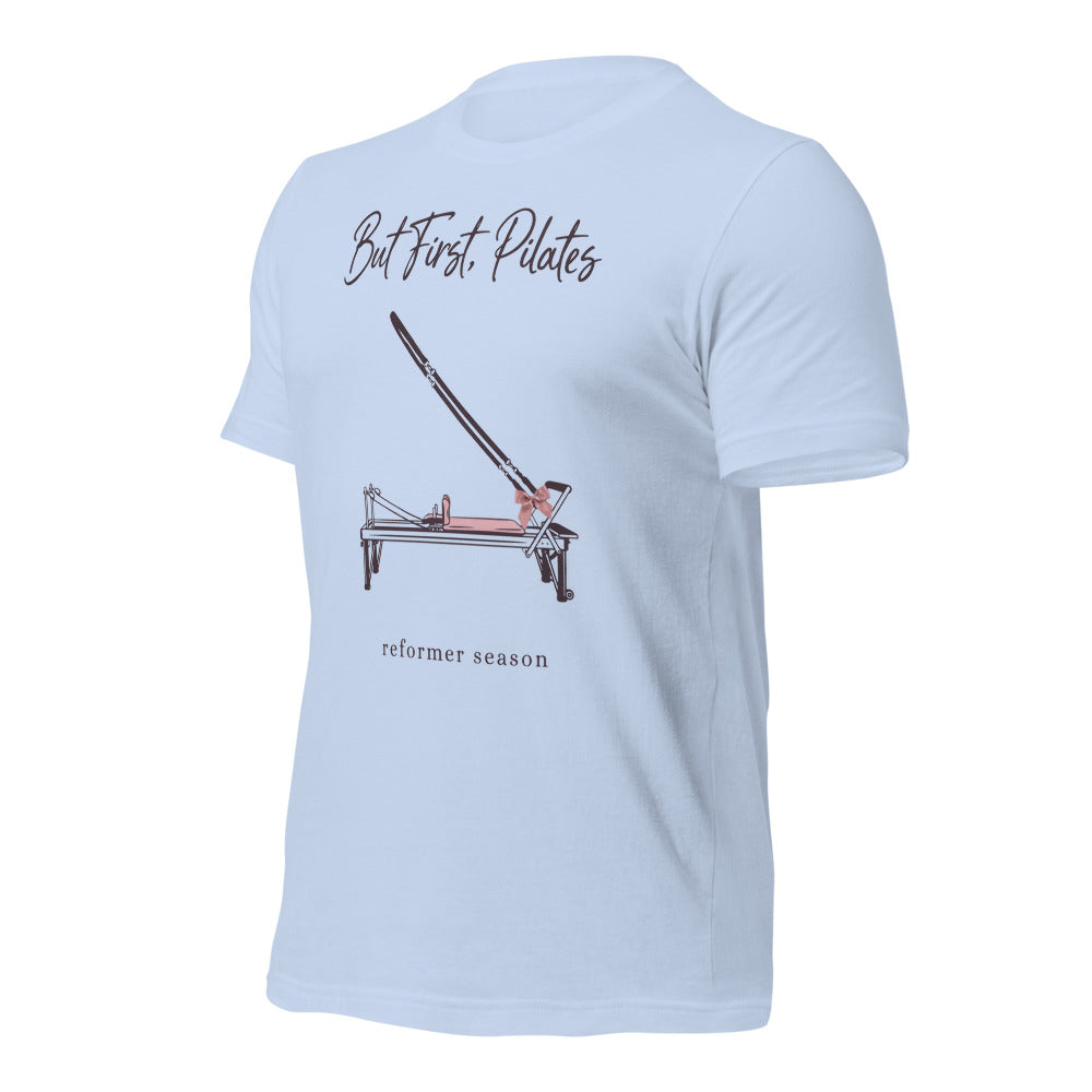 But First Pilates reformer line-art tee — Baby Blue, front-right