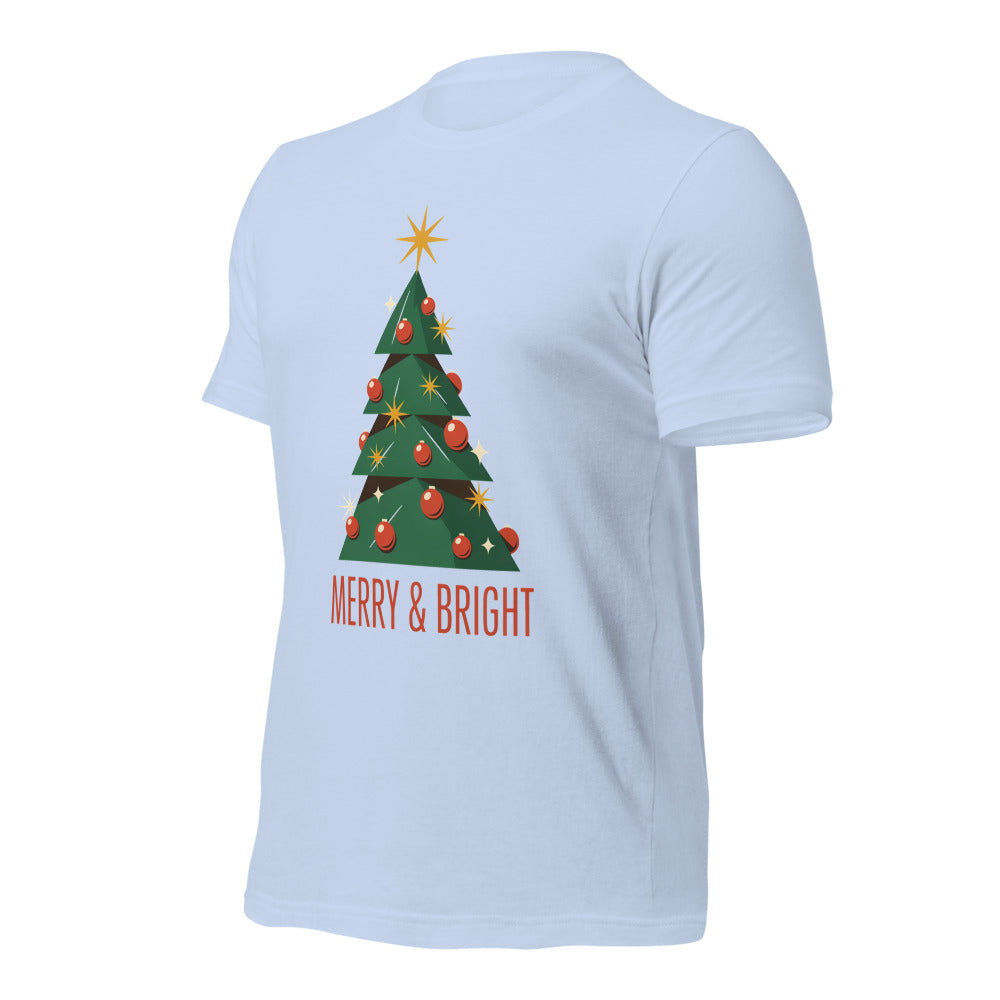 Atomic mid-century retro Christmas tree tee — Baby Blue, front-right