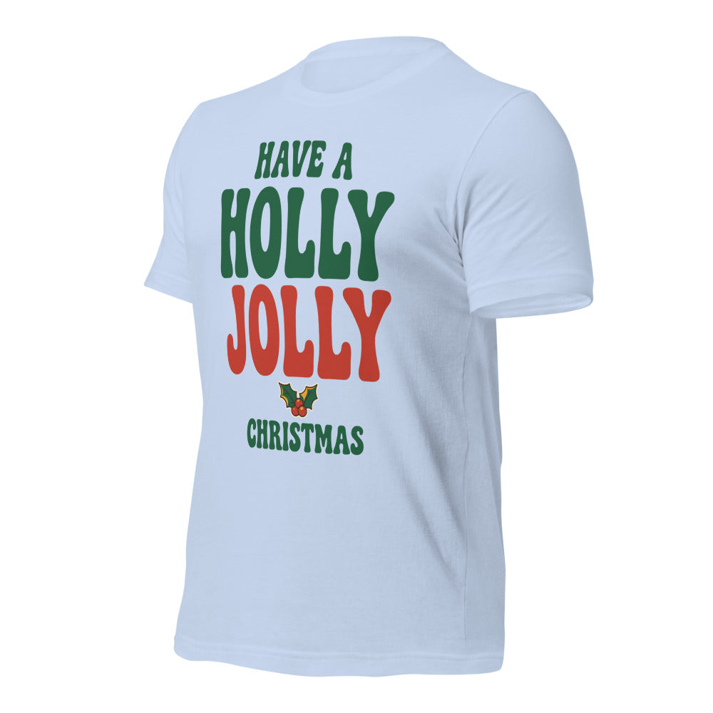 Groovy Holly Jolly retro Christmas tee — Baby Blue, front-right