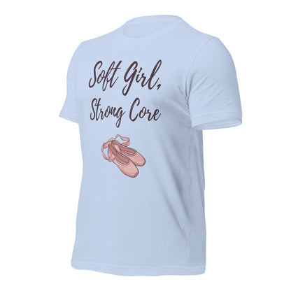 Soft Girl Strong Core ballet coquette pilates tee — Baby Blue, front-right