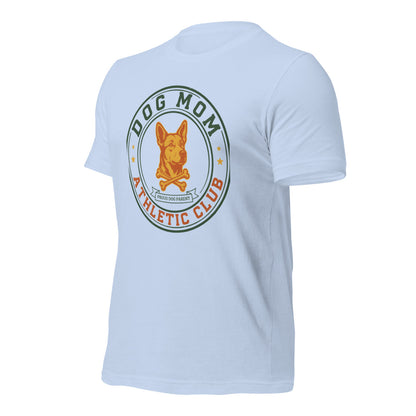 Dog Mom Athletic Club vintage varsity crest tee — Baby Blue, front-right
