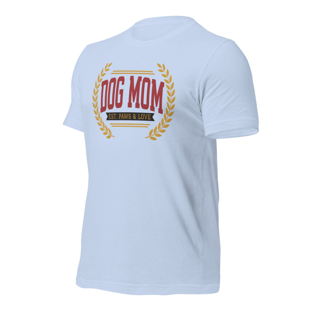 Dog Mom vintage varsity wordmark tee — Baby Blue, front-right