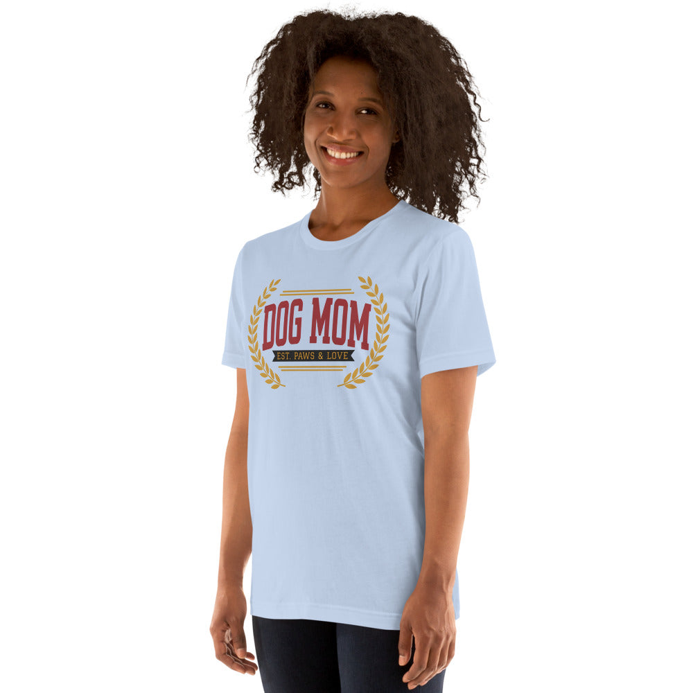 Dog Mom vintage varsity wordmark tee — Baby Blue, on model