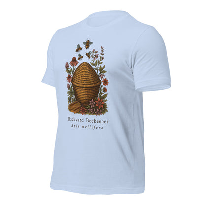 Backyard Beekeeper field-guide bee tee — Baby Blue, front-right