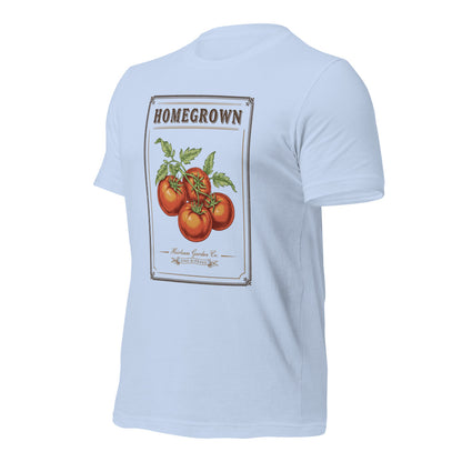 Homegrown Heirloom Seed Packet gardening tee — Baby Blue, front-right