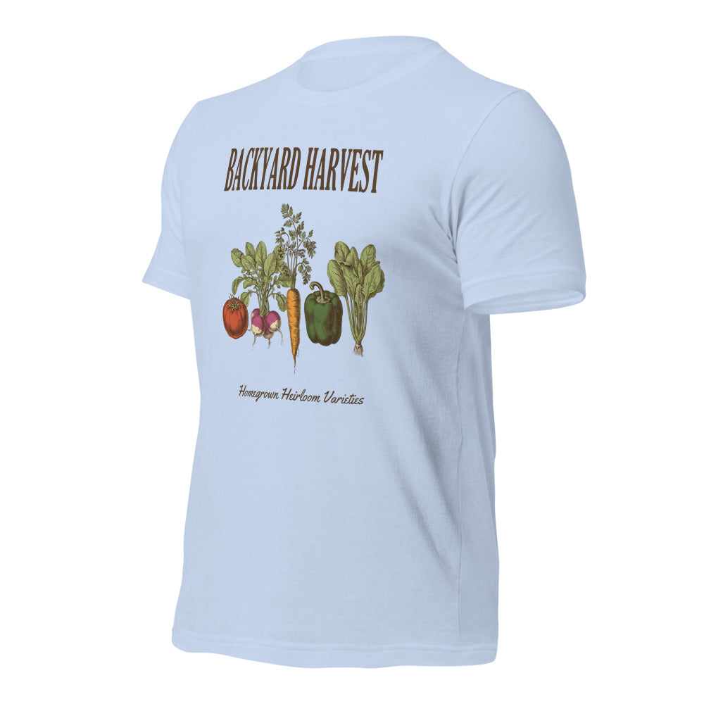 Backyard Harvest heirloom vegetable gardening tee — Baby Blue, front-right