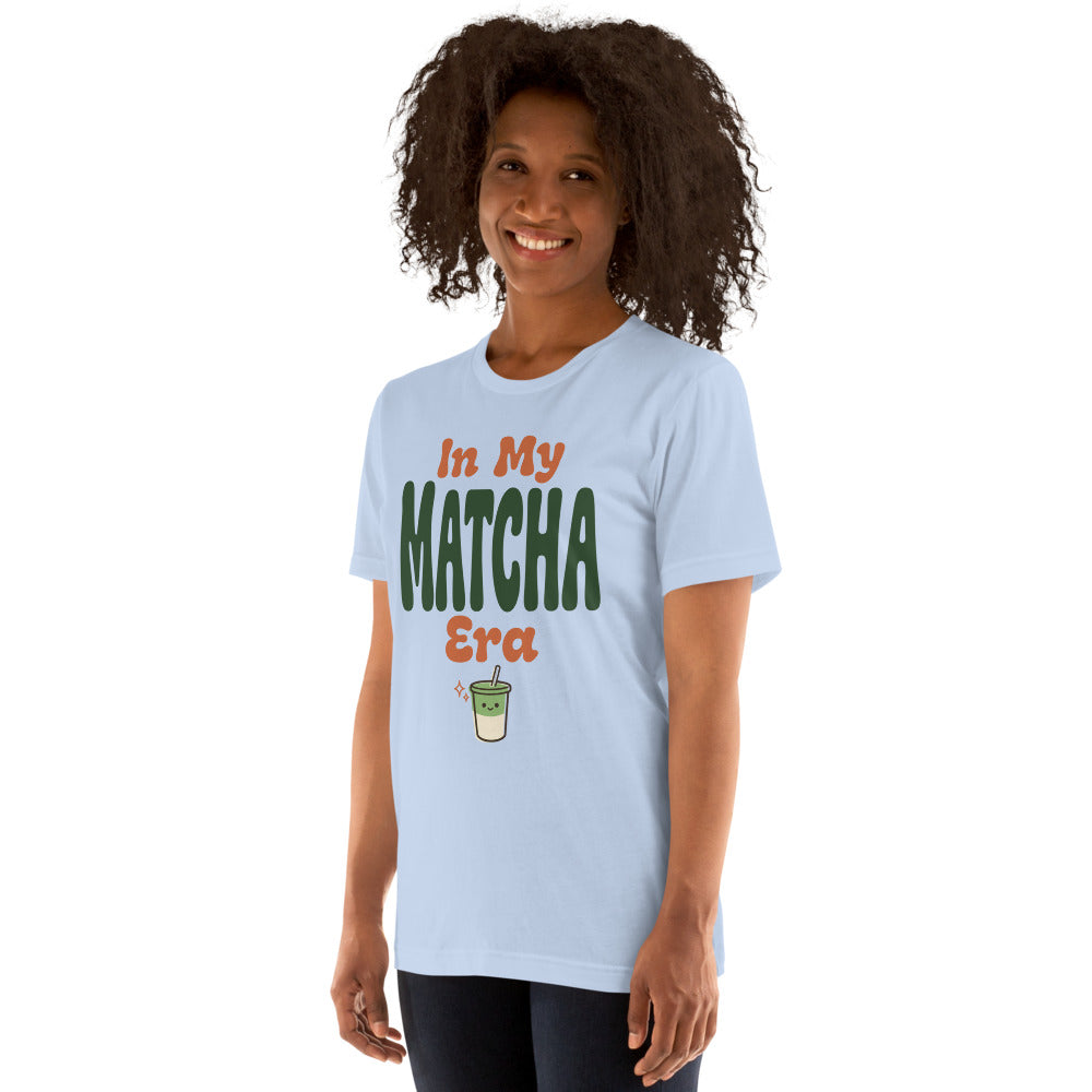 In My Matcha Era retro matcha tee — Baby Blue, on model