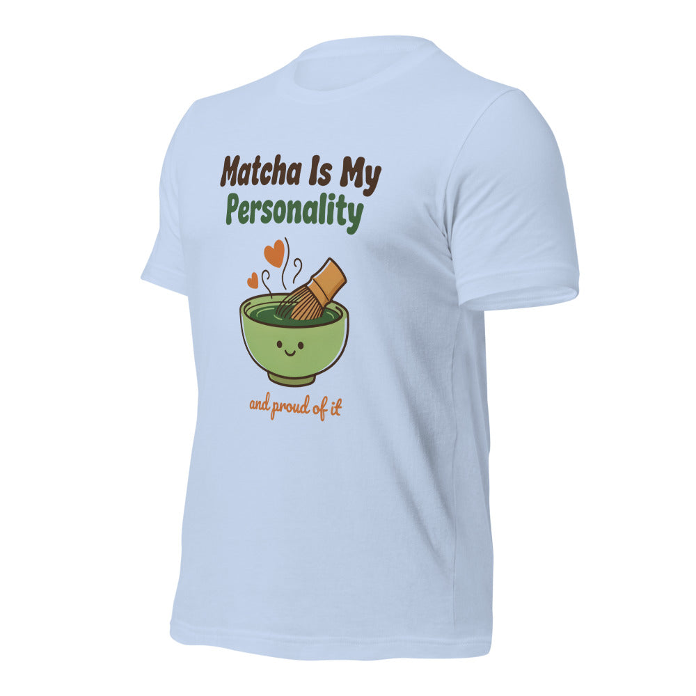 Matcha Is My Personality retro matcha tee — Baby Blue, front-right