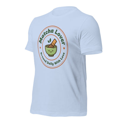 Matcha Lover retro café badge tee — Baby Blue, front-right
