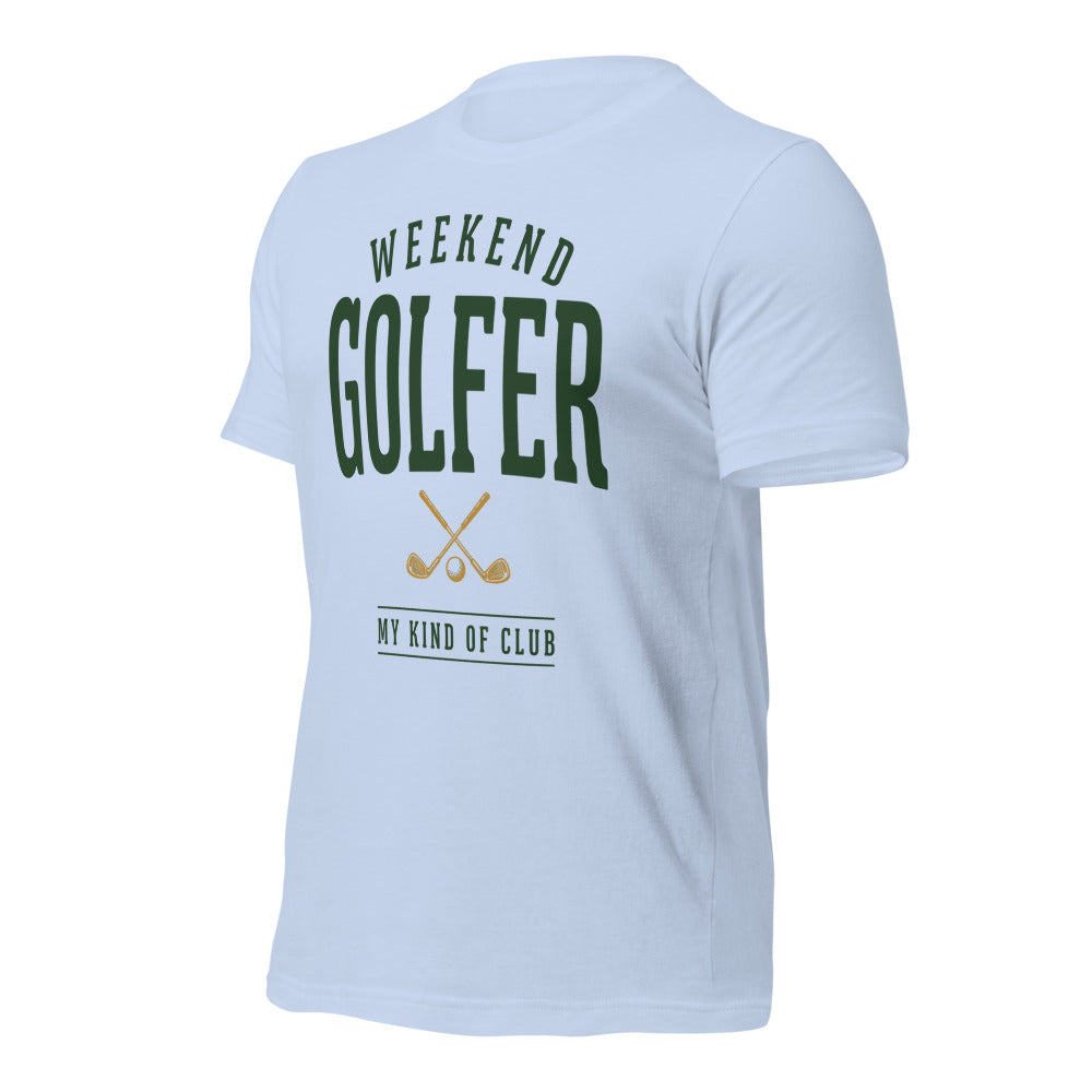 Weekend Golfer vintage golf wordmark tee — Baby Blue, front-right
