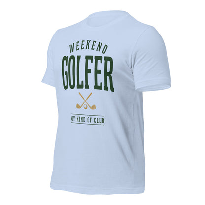 Weekend Golfer vintage golf wordmark tee — Baby Blue, front-right